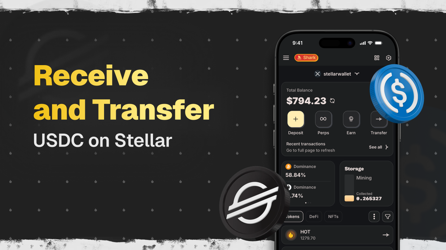 HOT Wallet – the easiest way to receive and transfer USDC on Stellar in 2026. Mobile app dashboard with $794.23 balance, Stellar network selected and USDC token overview