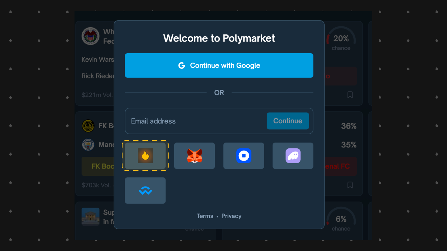 Polymarket welcome login screen showing 'Continue with Google' button and popular crypto wallet options including HOT Wallet flame icon for seamless access to prediction markets in 2025–2026 using the best Polygon-compatible crypto wallet